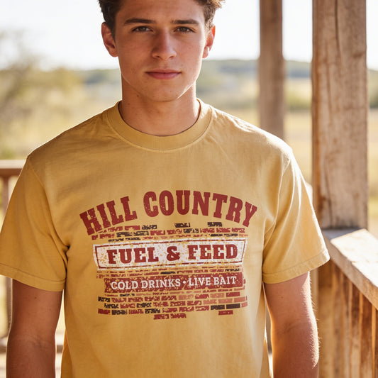 Mustard tee with Hill Country Fuel & Feed, Cold Drinks, Live Bait design, worn on a porch