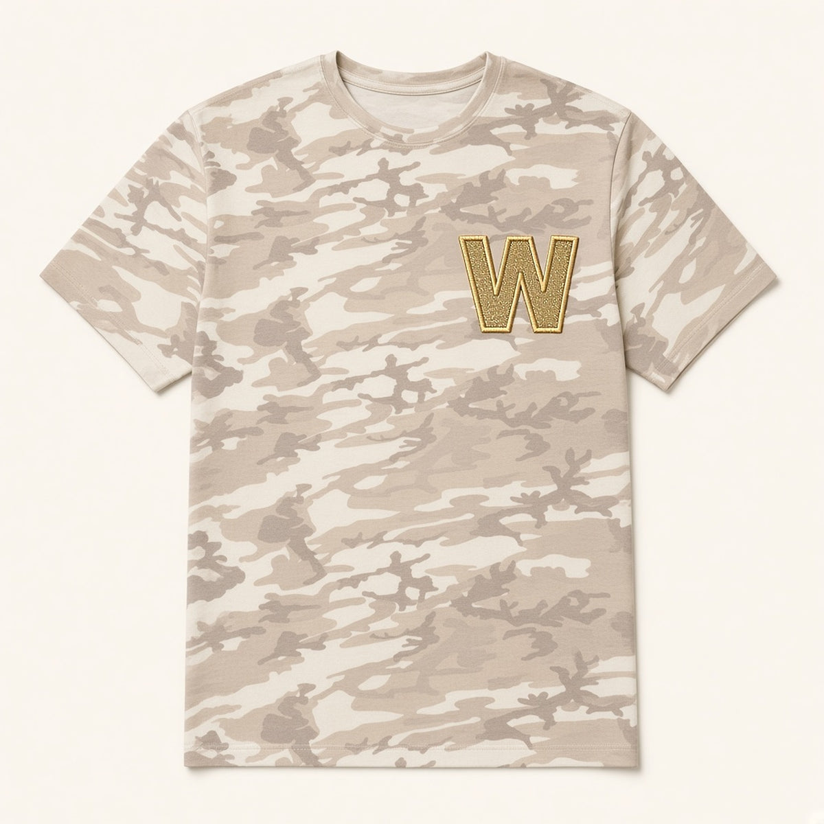 Natural camo tee with gold W appliqué, flat lay