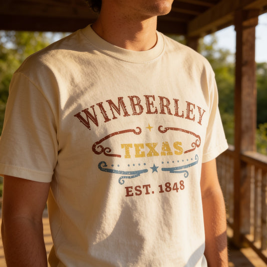 Ivory tee with Wimberley Texas Est. 1848 design, worn on a porch